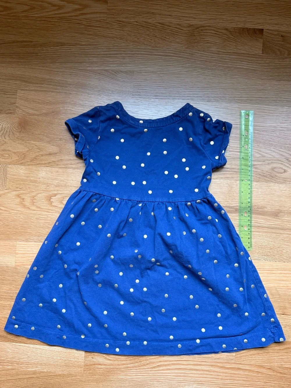 MiniBoden Girls' Blue dress with gold Polka Dot dress (size 5-6 years)